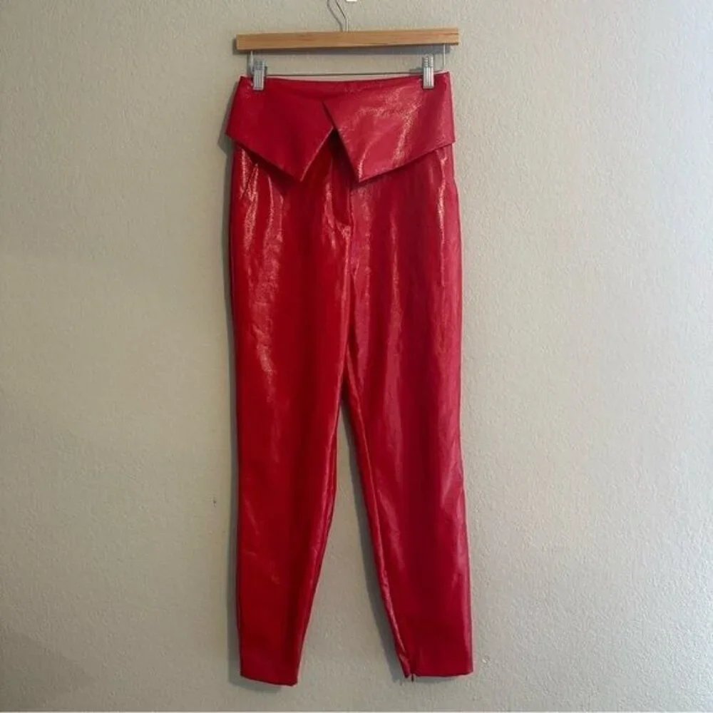 Bcbgmaxazria Size Xxs Red Faux Leather Fold Over Waist Peplum Pants - Picture 2 of 12